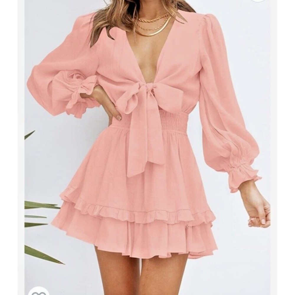 zescia womans sexy long sleeve dress w/tie, smocked waist sz womans sm NWT